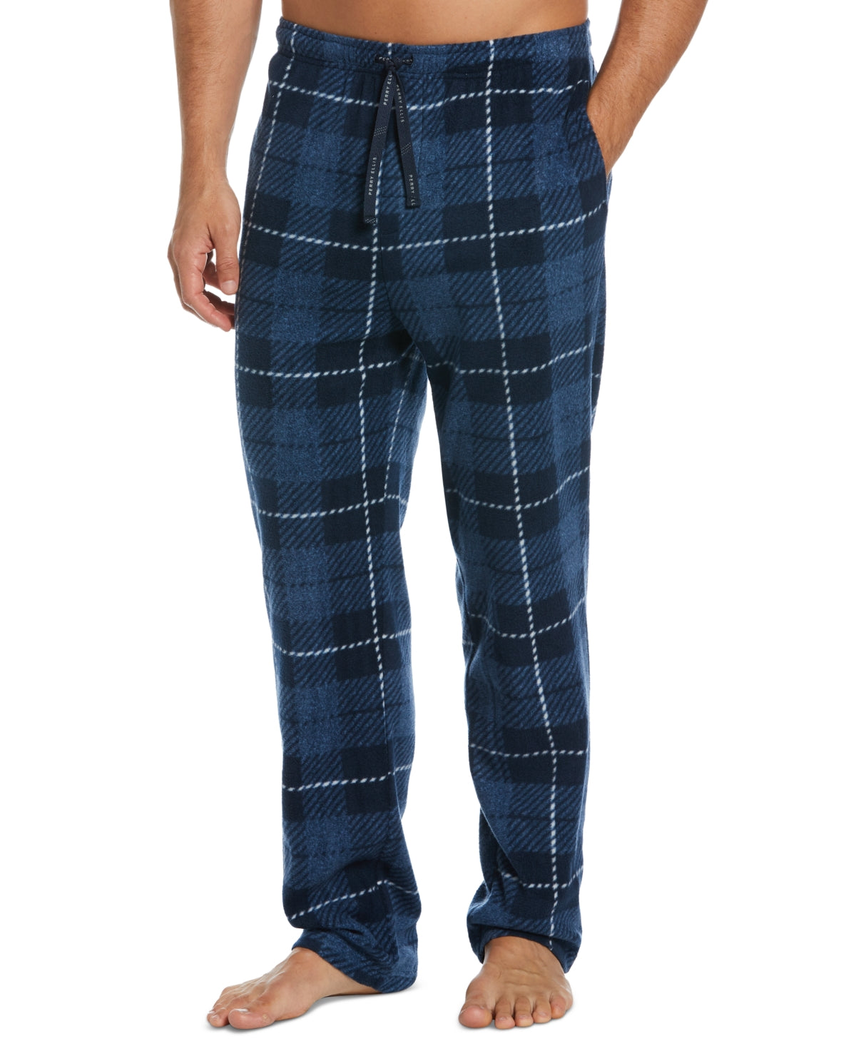 Calça de pijama masculina Perry Ellis Portfolio Windowpane xadrez texturizada de lã azul tamanho médio