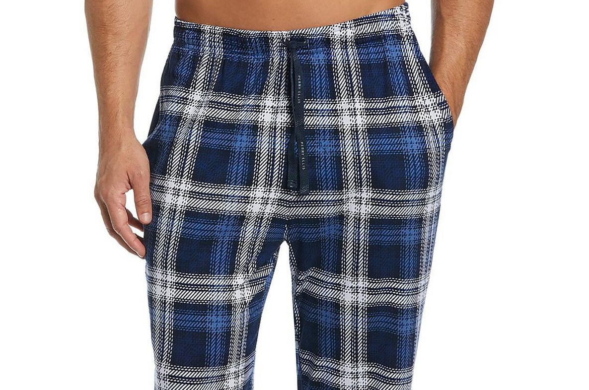 Calça de pijama masculina Perry Ellis Portfolio Windowpane xadrez de malha azul tamanho GG