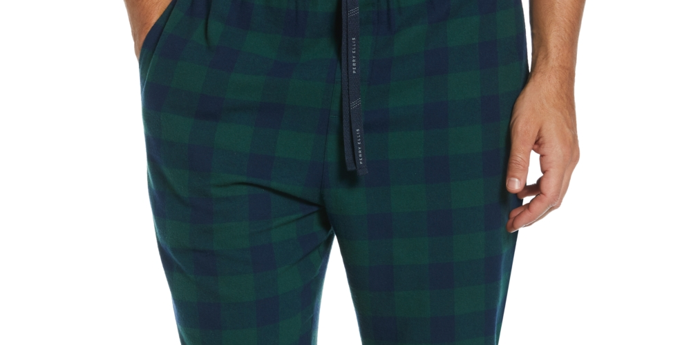 Calça de pijama masculina Perry Ellis Buffalo Plaid Flanela Azul Tamanho Médio