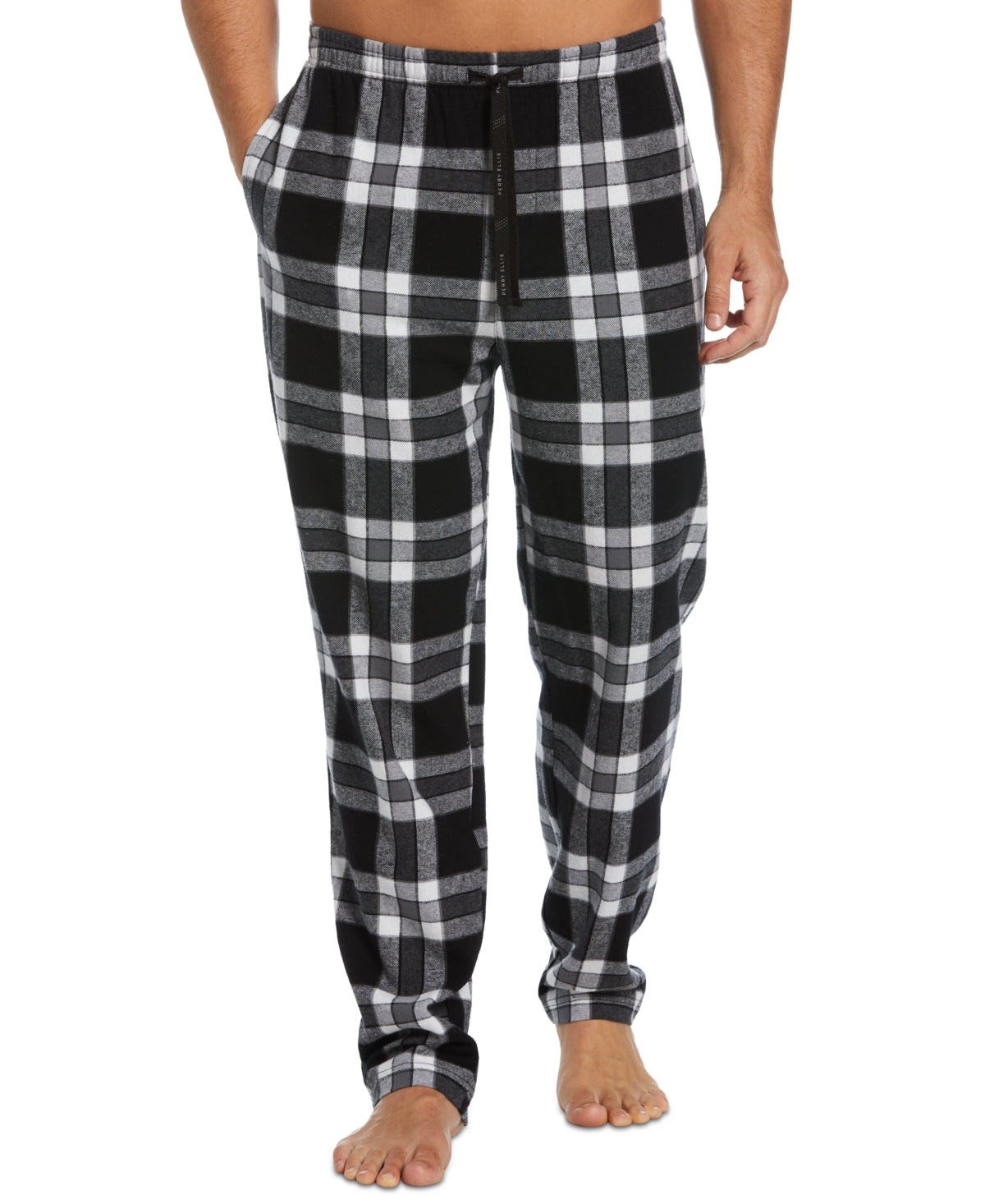 Calça de pijama de flanela xadrez Perry Ellis masculina, tamanho P, preta
