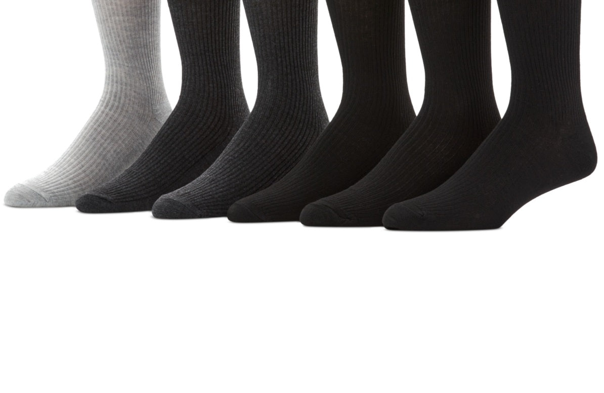 Perry Ellis Portfolio Meias Masculinas Casuais Rib Crew Pacote com 6, Pretas, Tamanho Regular