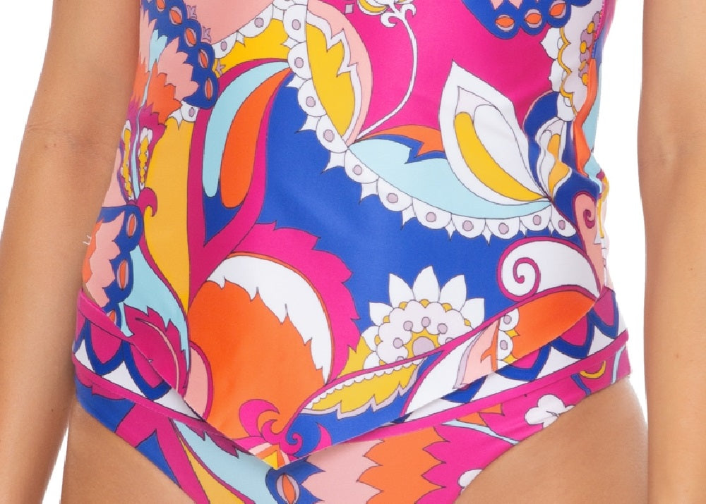 Top de natação feminino Trina Turk Multi Sevilla Tankini rosa tamanho 10