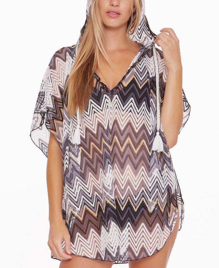 Trina Turk Drift Crochê Feminino com Capuz e Poncho Maiô Preto Tamanho 34X16