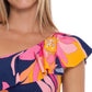 Trina Turk Biquíni Feminino Estampado Breeze Um Ombro Babados Top Maiô Azul Tamanho 10