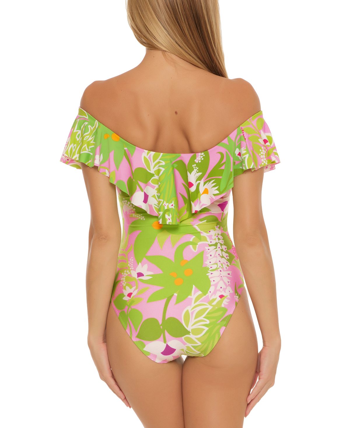 Maiô feminino Trina Turk com babados e ombros de fora, verde, tamanho 4