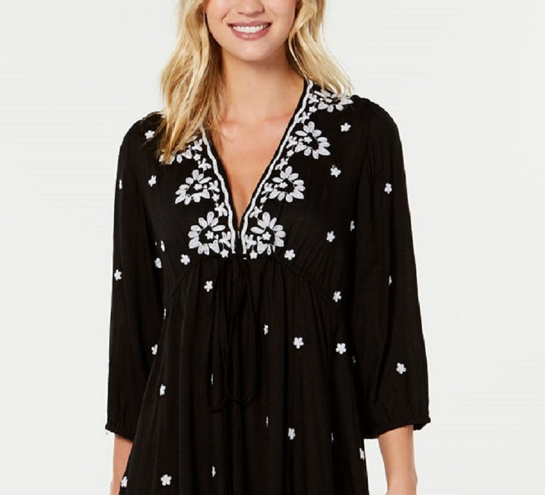 Raviya Vestido Feminino Bordado Manga 3/4 Saída de Banho Preto