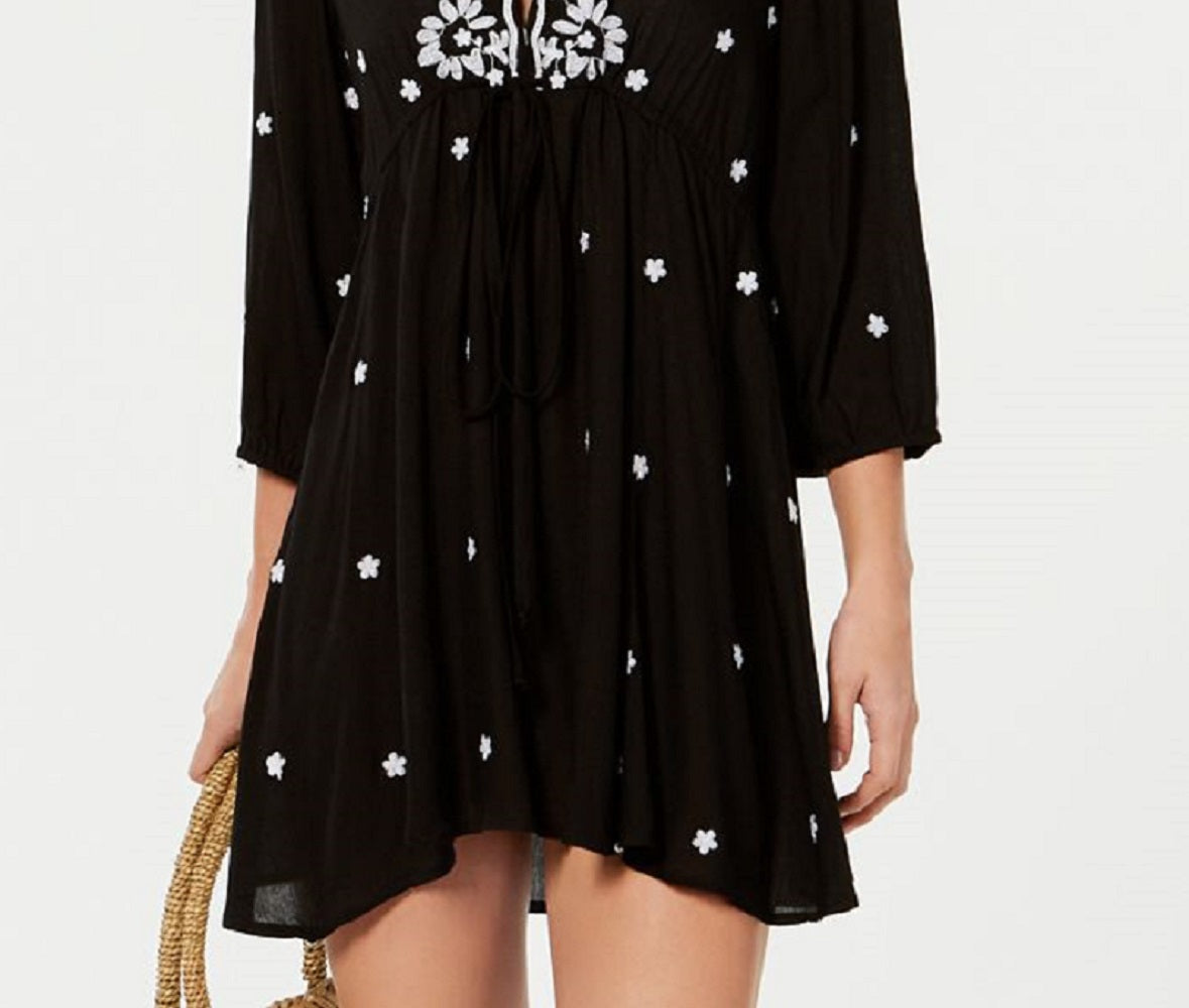 Raviya Vestido Feminino Bordado Manga 3/4 Saída de Banho Preto