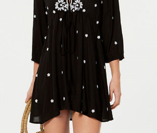 Raviya Vestido Feminino Bordado Manga 3/4 Saída de Banho Preto