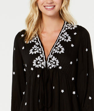Raviya Vestido Feminino Bordado Manga 3/4 Saída de Banho Preto