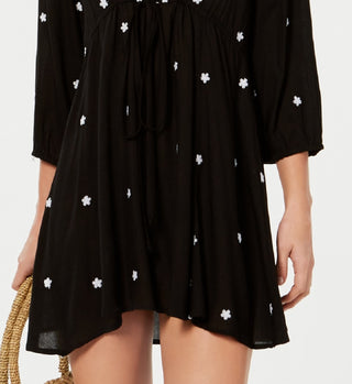 Raviya Vestido Feminino Bordado Manga 3/4 Saída de Banho Preto