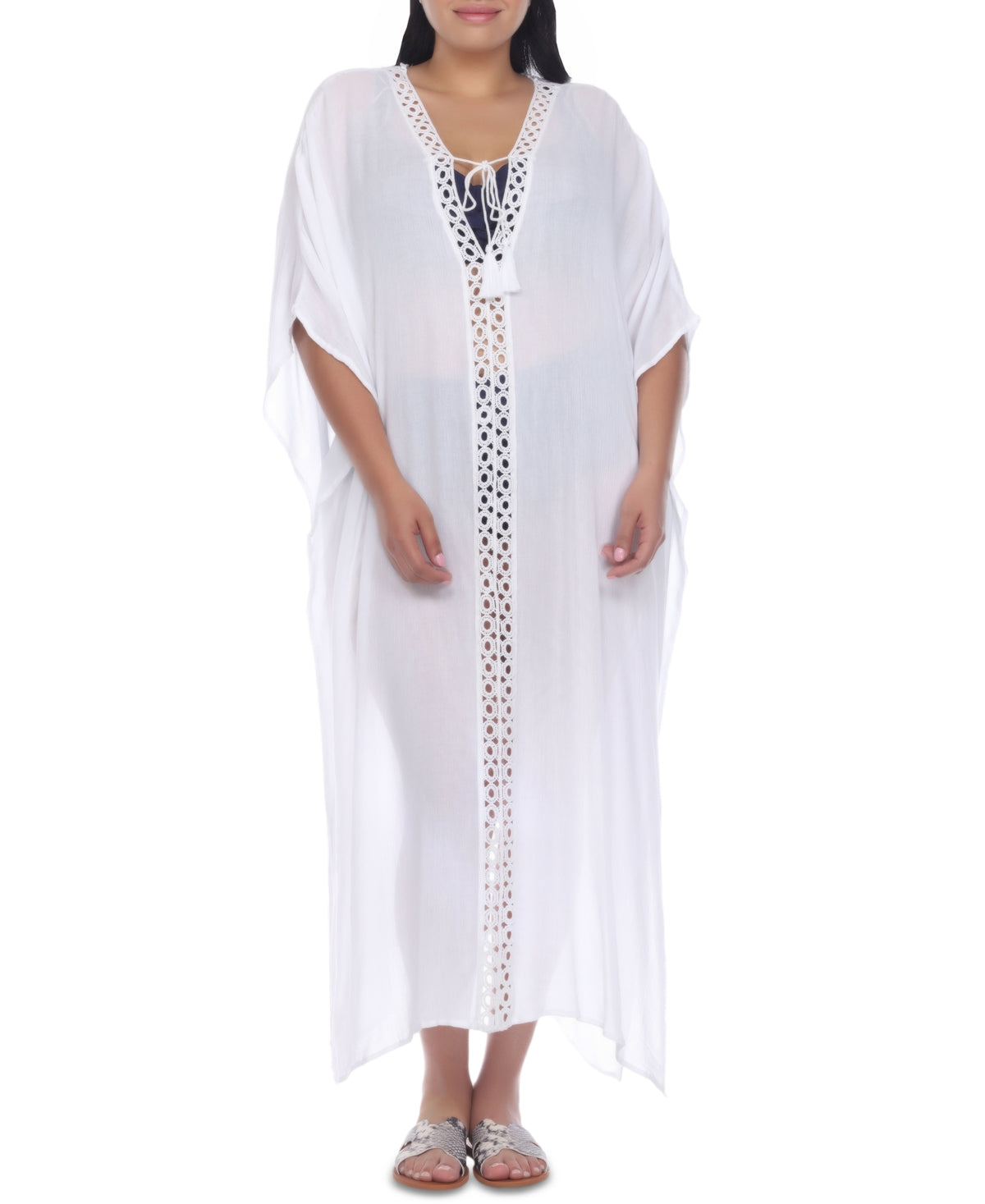 Vestido longo com acabamento em crochê feminino Raviya, saída de praia, tamanho 3X, branco