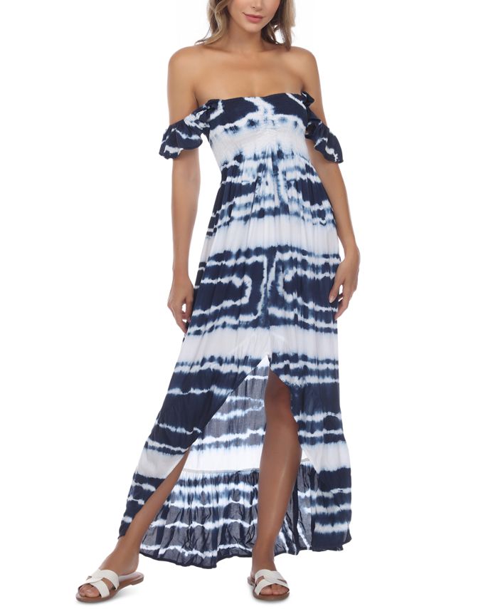 Vestido de banho feminino Raviya Tie Dye com decote ombro a ombro, azul, tamanho pequeno