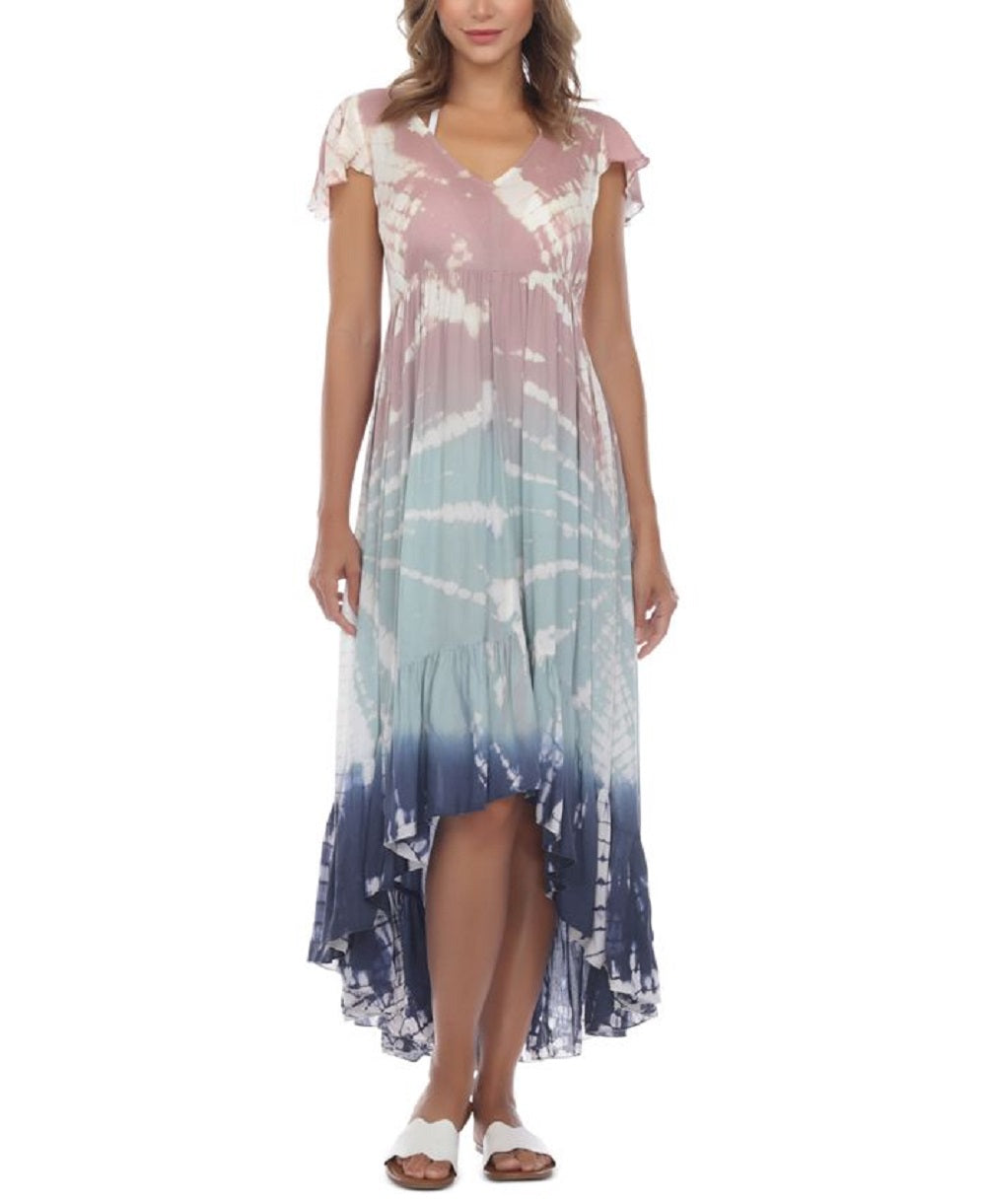 Vestido de banho feminino Raviya com estampa tie-dye e mangas curtas e decotadas, cinza, tamanho médio