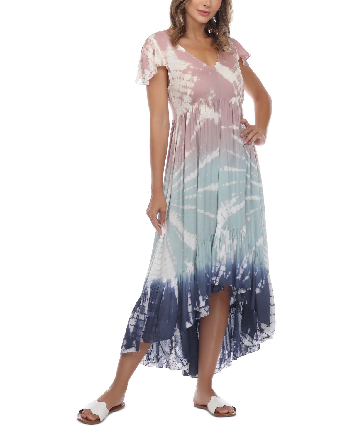 Vestido de banho feminino Raviya com estampa tie-dye e mangas curtas e decotadas, cinza, tamanho médio