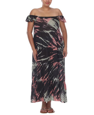 Vestido longo com estampa tie-dye e ombro de fora, preto, tamanho 1X, para mulheres Raviya