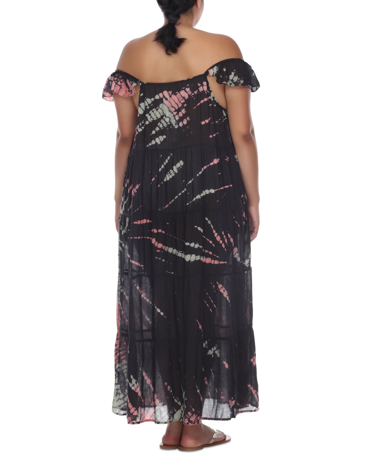 Vestido longo com estampa tie-dye e ombro de fora, preto, tamanho 1X, para mulheres Raviya
