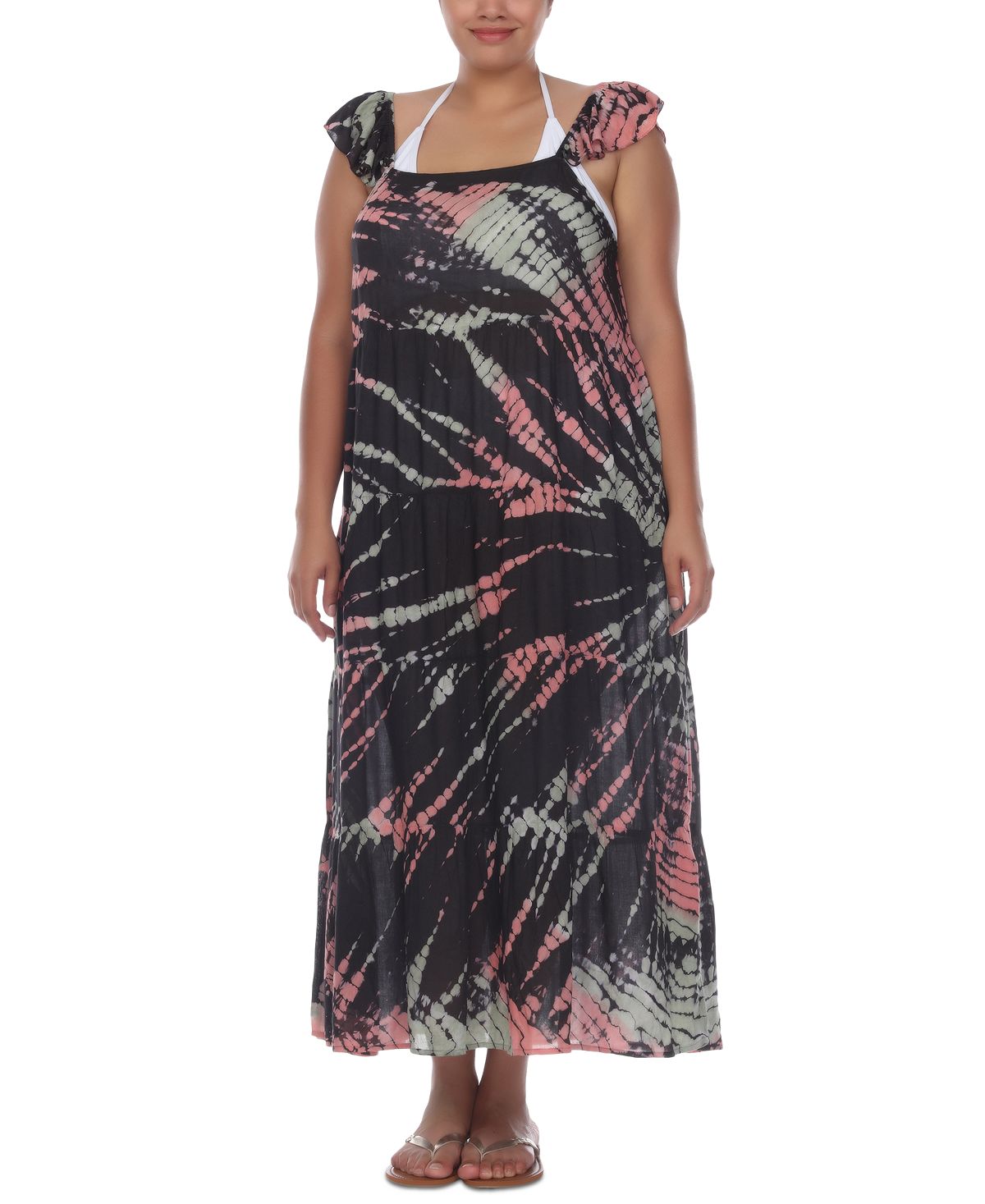 Vestido longo com estampa tie-dye e ombro de fora, preto, tamanho 1X, para mulheres Raviya