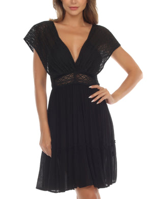 Vestido de renda com amarração nas costas Raviya feminino, saída de banho, preto, tamanho médio