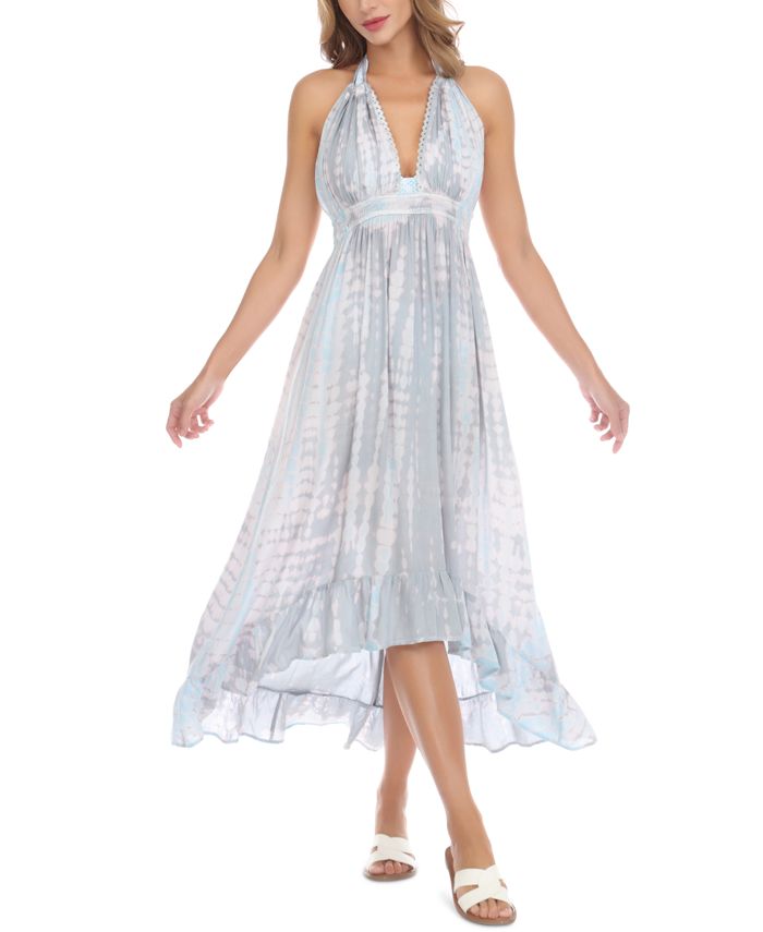 Vestido longo com decote halter tingido Raviya feminino, saída de banho, maiô cinza, tamanho grande