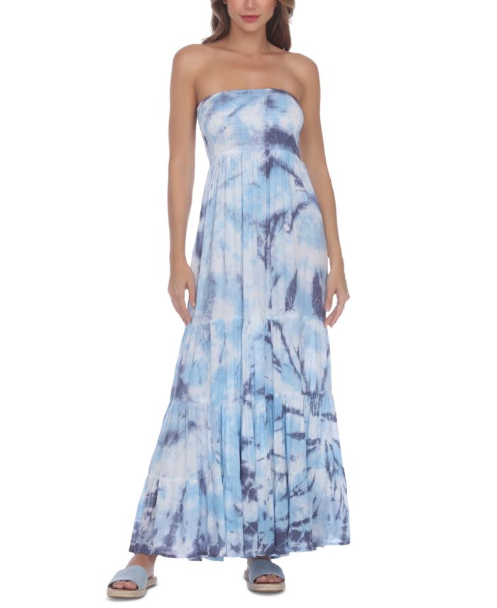Vestido de banho longo sem alças com estampa tie-dye Raviya feminino, azul, tamanho médio