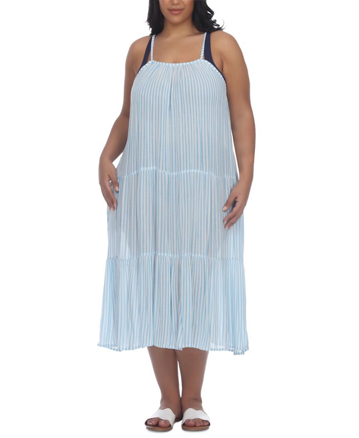Vestido midi plus size em camadas Raviya feminino, saída de praia, azul, tamanho 1X