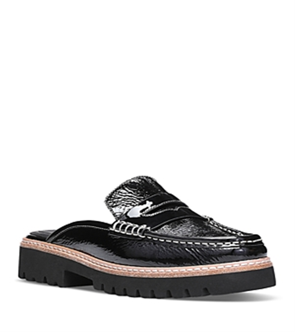 Donald Pliner Mule Mocassim Feminino em Couro Envernizado Preto Tamanho 8,5