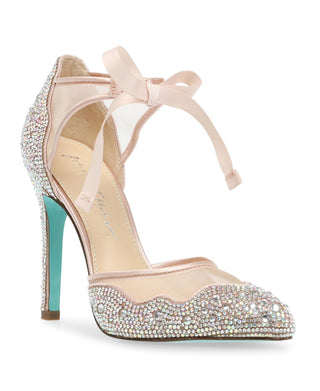 Betsey Johnson Iris Embellished Ankle Tie Pump em Champagne, Tamanho 9,5 Amarelo