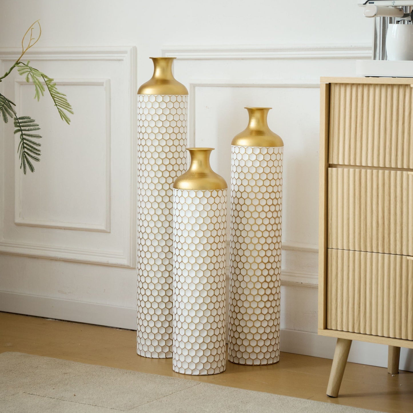 3 Piece Large Glazed Floor Vase Set - Gold and White