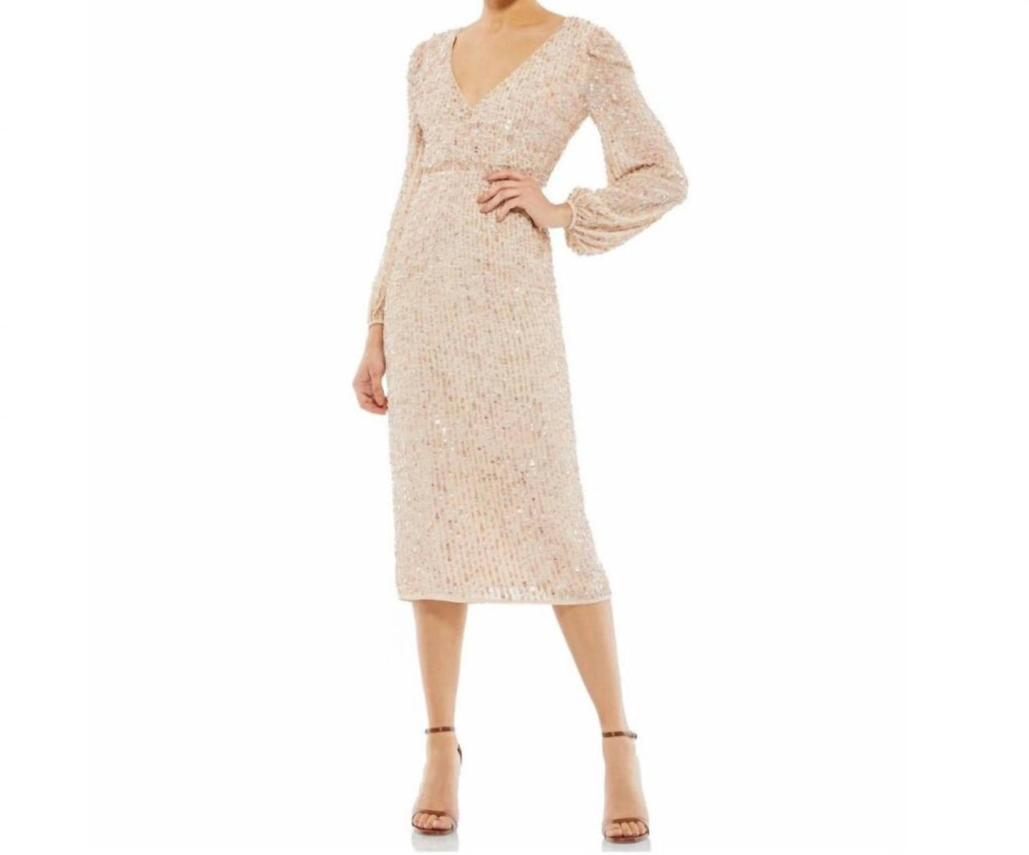 Mac Duggal - Sequin Long Puff Sleeve Cocktail Midi