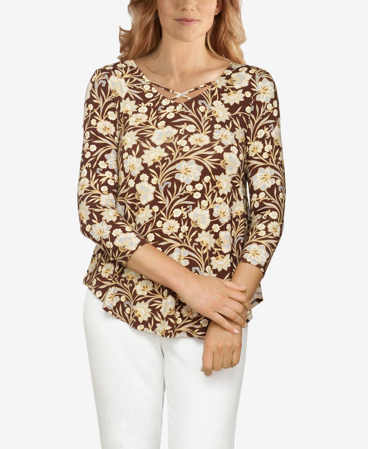 Blusa feminina Misses com estampa floral e decote cruzado, preta, tamanho grande