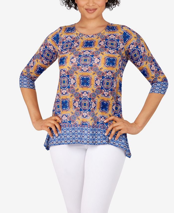 Blusa feminina com sublimação e borda de azulejo Ruby Rd., amarela, tamanho pequeno