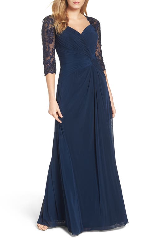 La Femme Ruched Twist Column Gown in Navy - Size 10