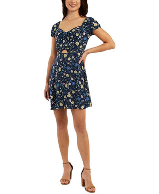 Vestido feminino BCX com estampa floral e recorte justo e evasê, azul, tamanho extragrande
