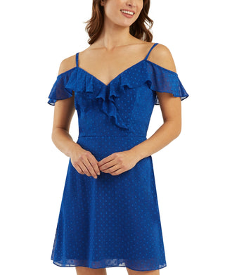 Vestido BCX Junior com babados e ombros descobertos, azul, tamanho médio