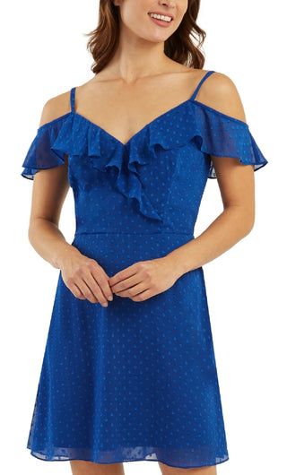 BCX Junior's Ruffled Cold Shoulder Dress Blue Size X-Large