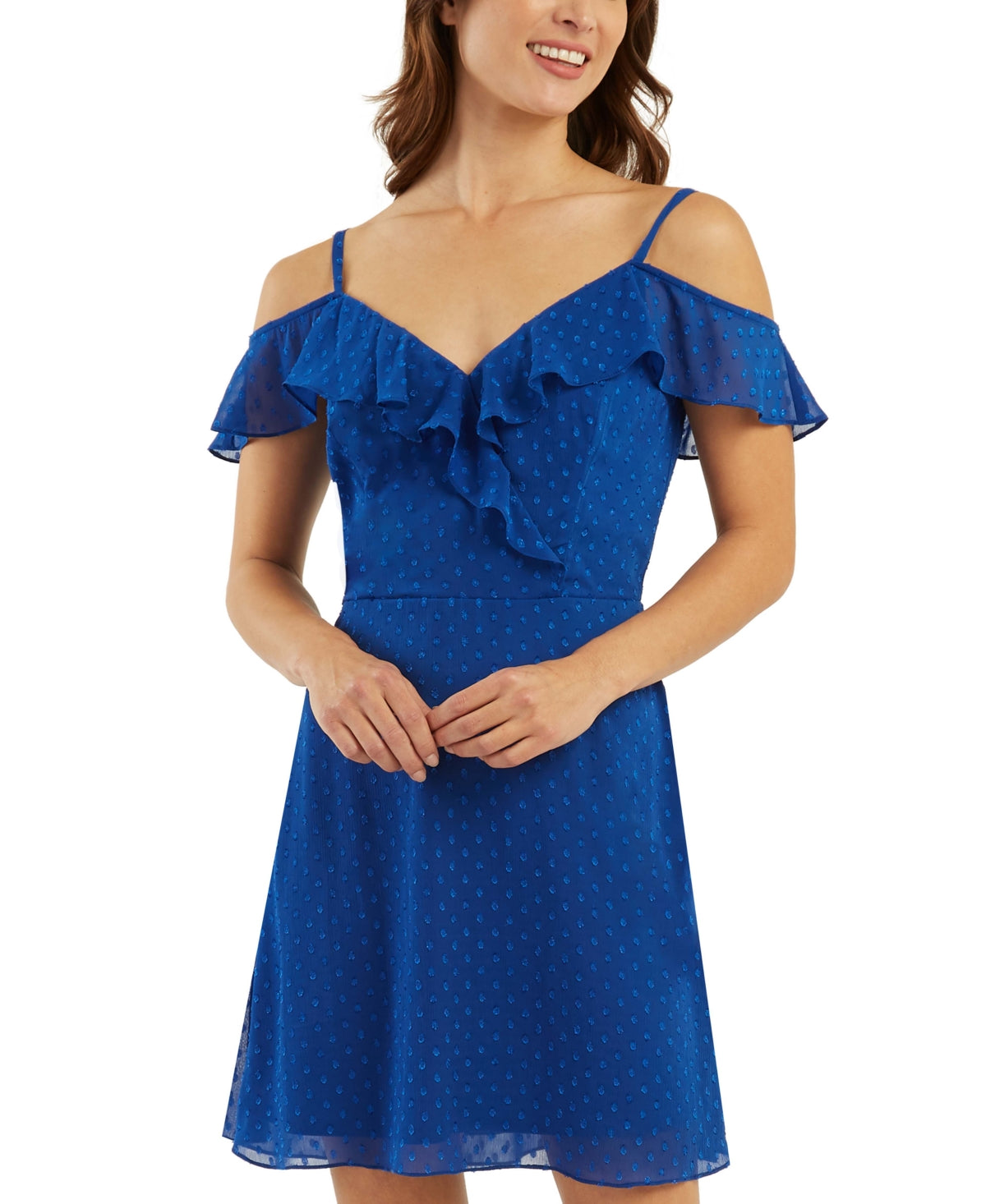 Vestido BCX Junior com babados e ombros descobertos, azul, tamanho XX-G