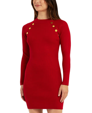 BCX Junior's Button Detail Long Sleeve Sweater Dress Red Size XX-Small