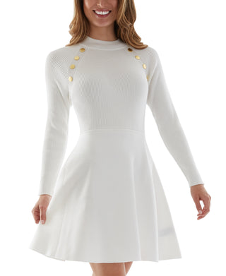 BCX Junior's Button Detail Long Sleeve Sweater Dress White Size X-Small