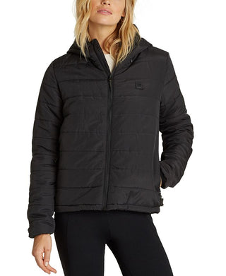 Casaco acolchoado com capuz Billabong Transport feminino, preto, tamanho pequeno
