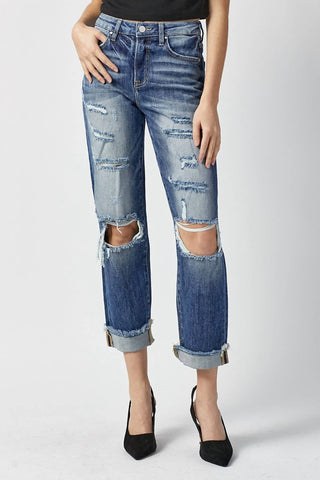 Risen - Calça Jeans Boyfriend Destroyed de Cintura Alta