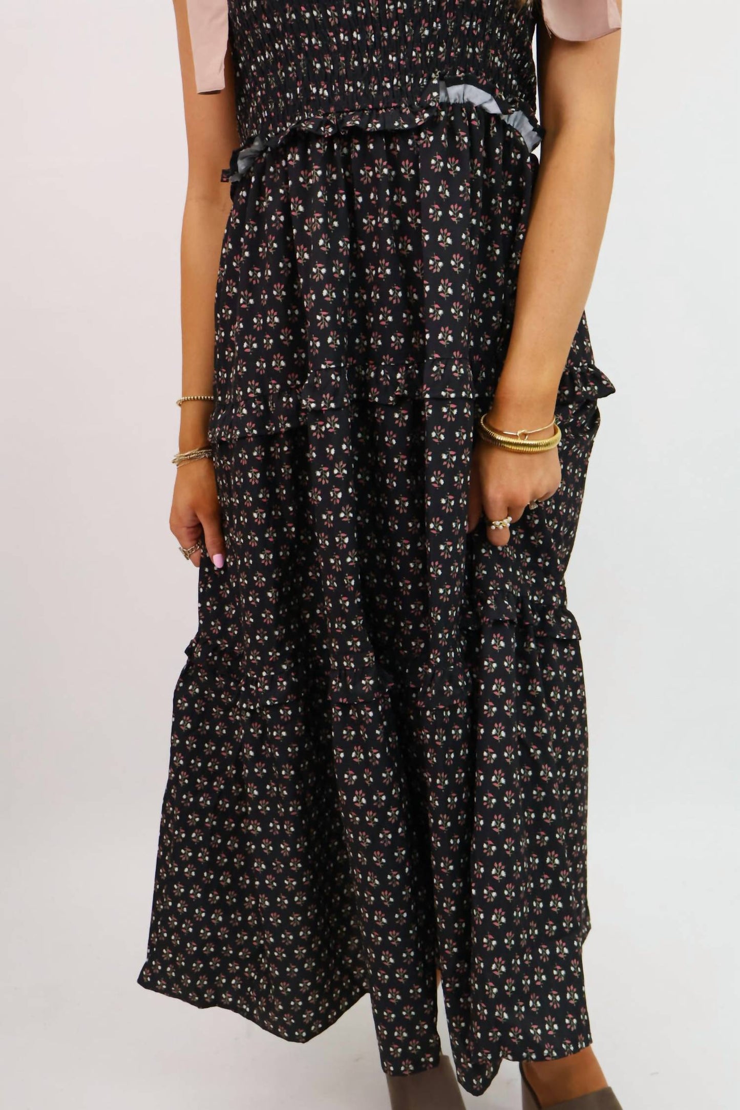 Entro - Floral Print Midi Dress With Pink Shoulder Ties