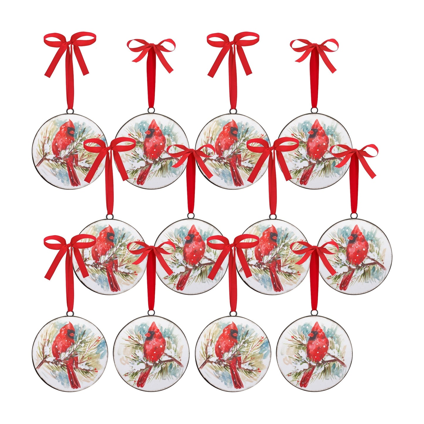 Winter Cardinal and Pine Branch Disc Ornament (Set of 12)