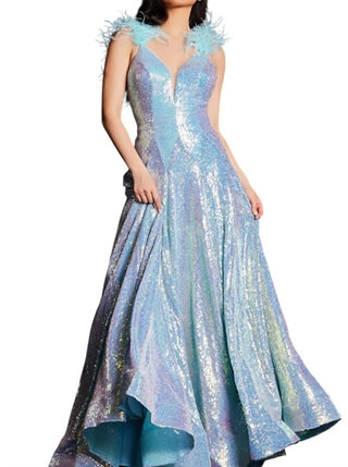 Jovani – Vestido de baile com alças de penas e costas em V