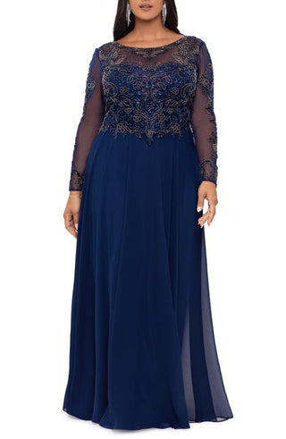 Xscape Long Sleeve Beaded Chiffon Evening Gown