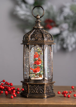 LED Snow Globe Lantern with Cardinal Bird Branch 13"H