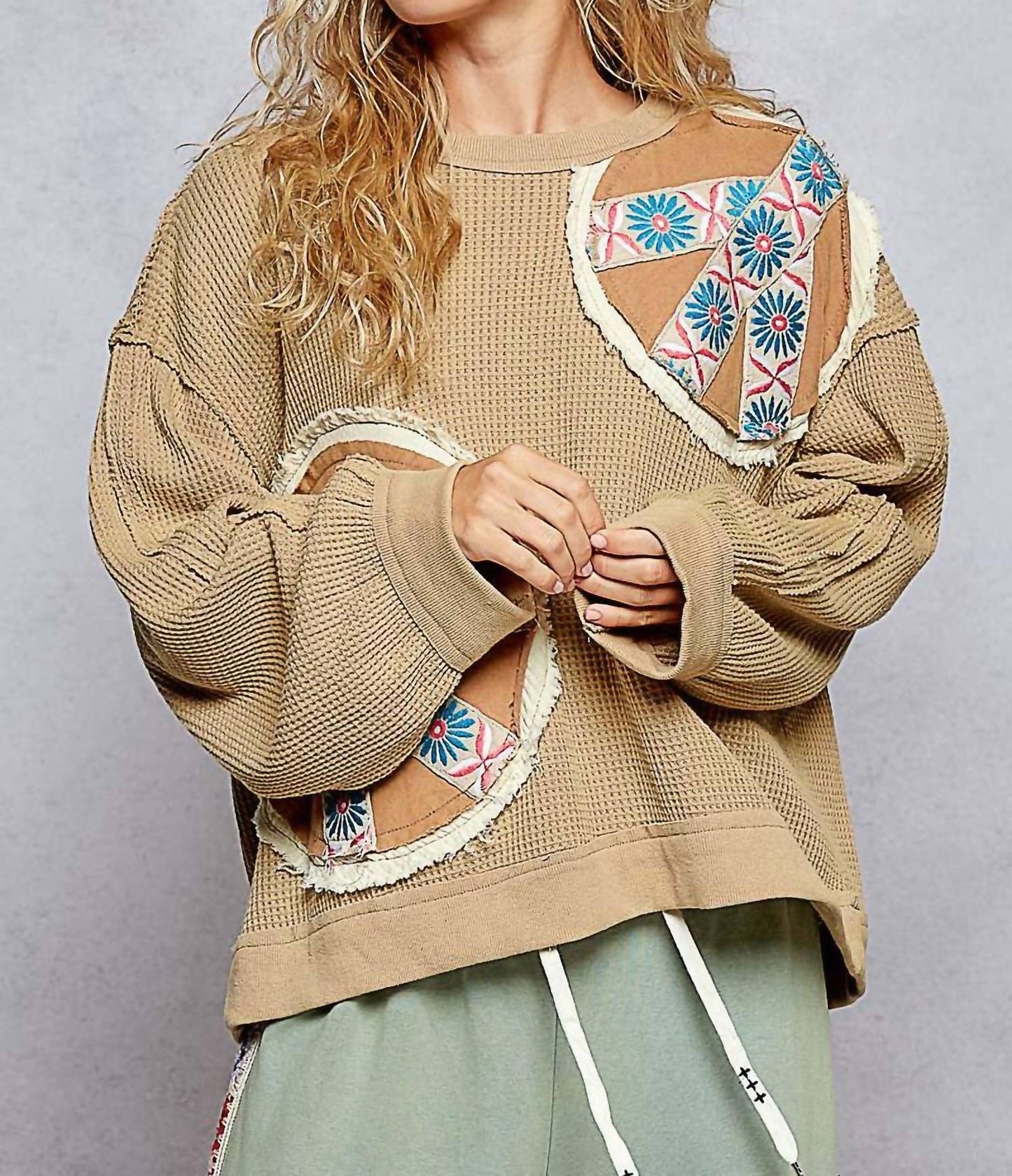 Pol - Waffle Knit Embroidered Patch Work Pullover
