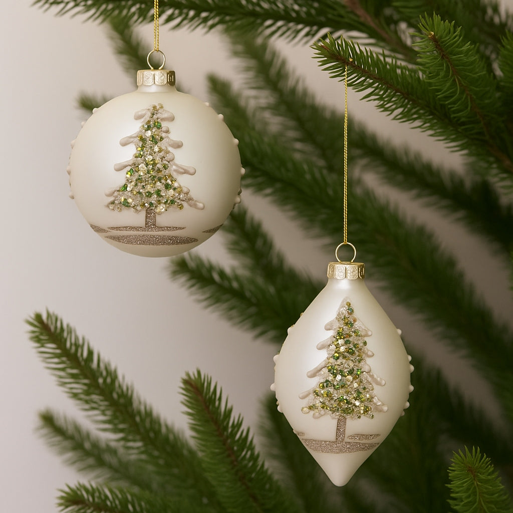 Painted Snowy Pine Tree Ball Ornament (Set of 6)
