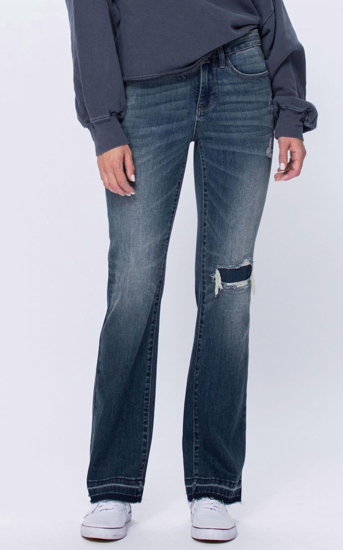 Judy Blue - Mid Rise Bootcut Patched Distressed Knee Raw Hem Jeans - Plus Sizes