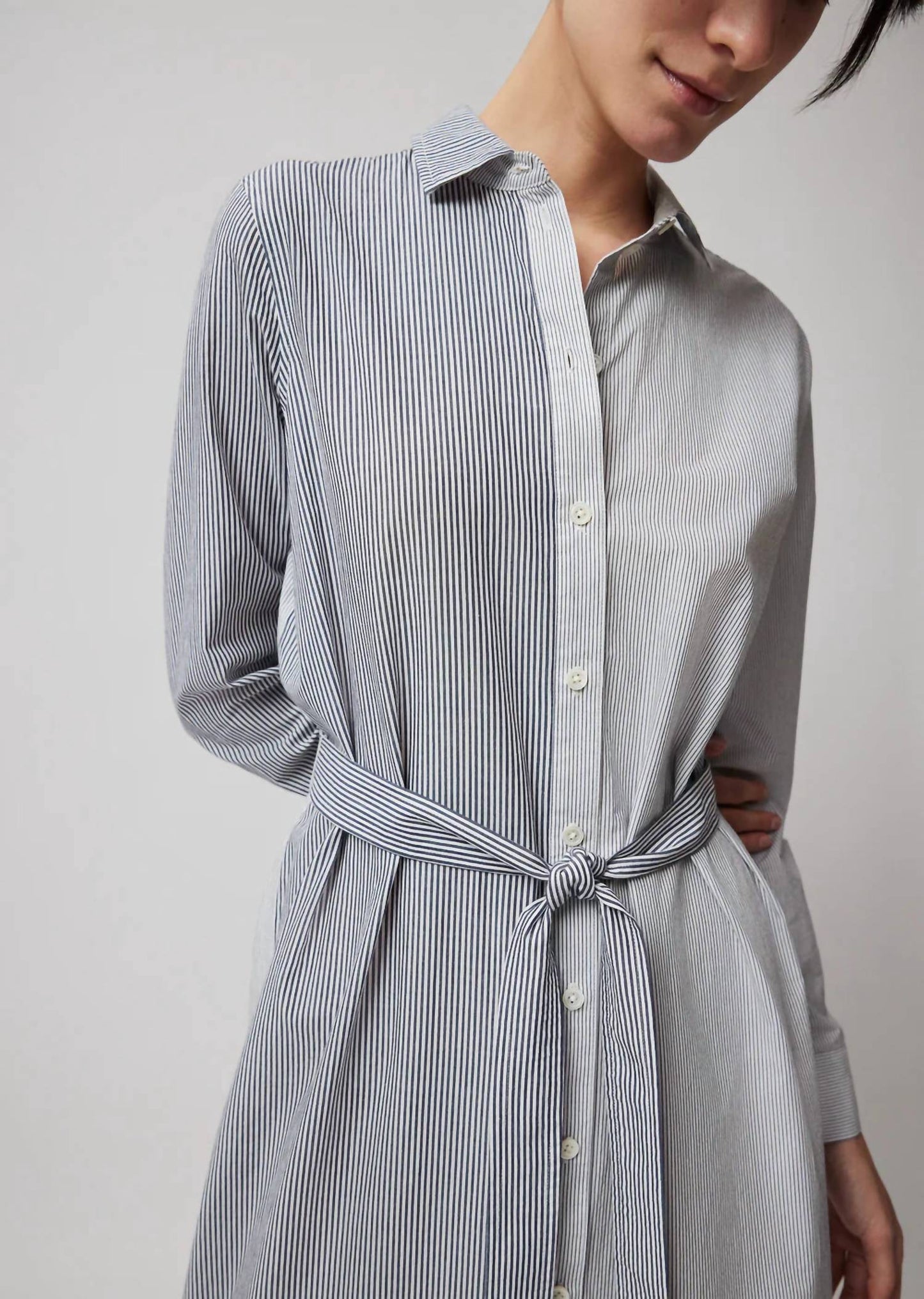 Atm - Mixed Stripe Shirting Belted Shirt Dress