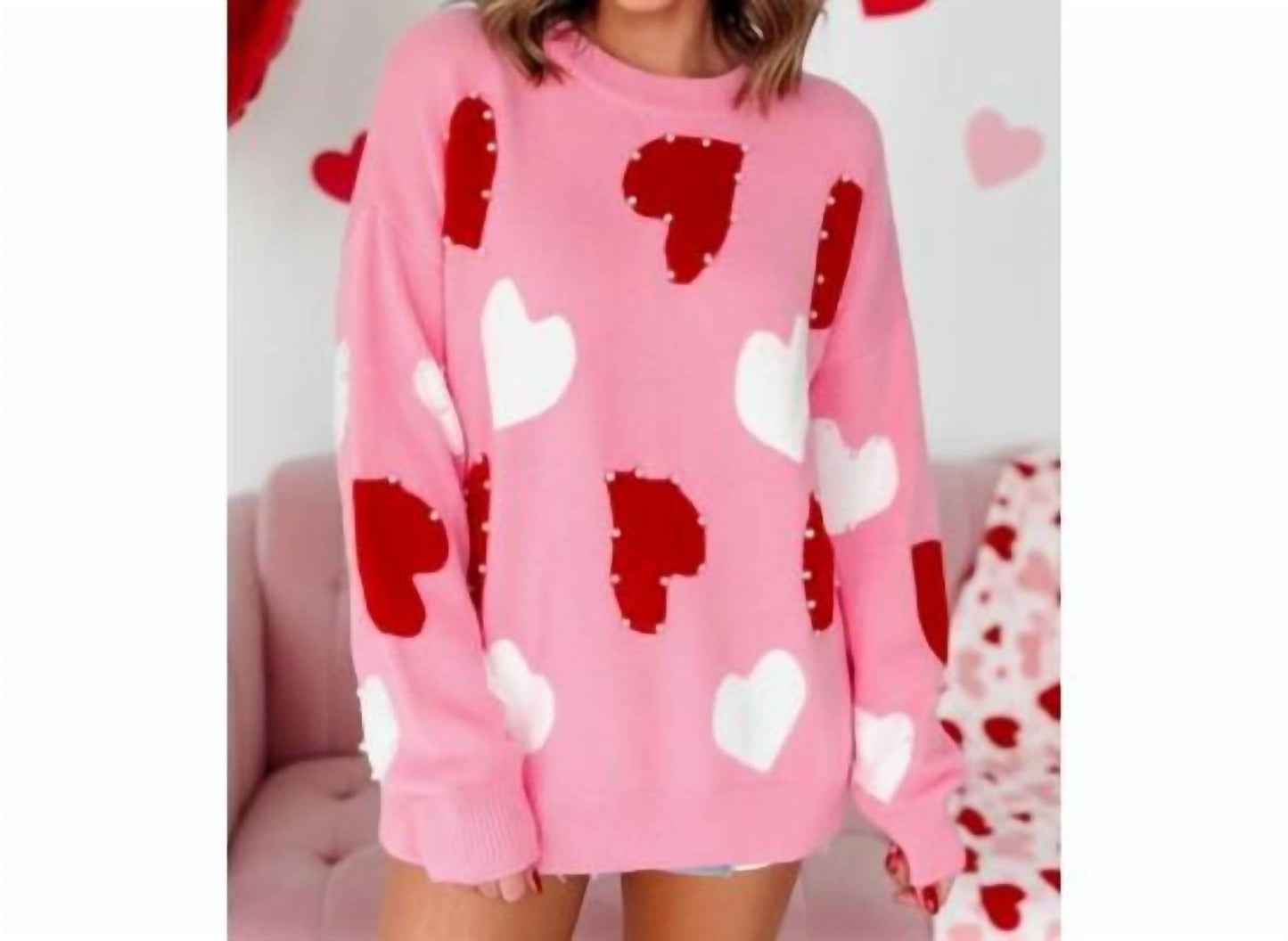 Aapparella - Oversized Heart Pearl Trim Sweater